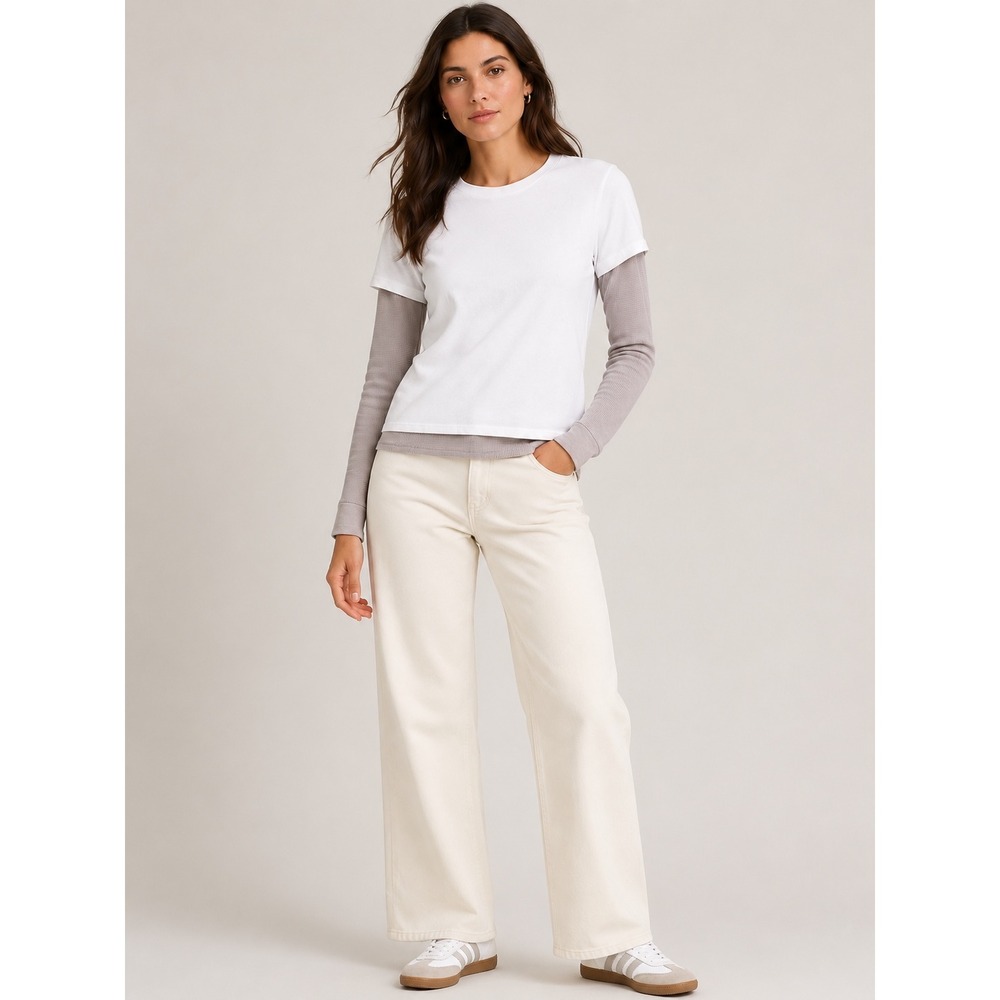 BDG Women Layered Tee Size XS White Grey Thermal Long Sleeve Skater Y2K Top